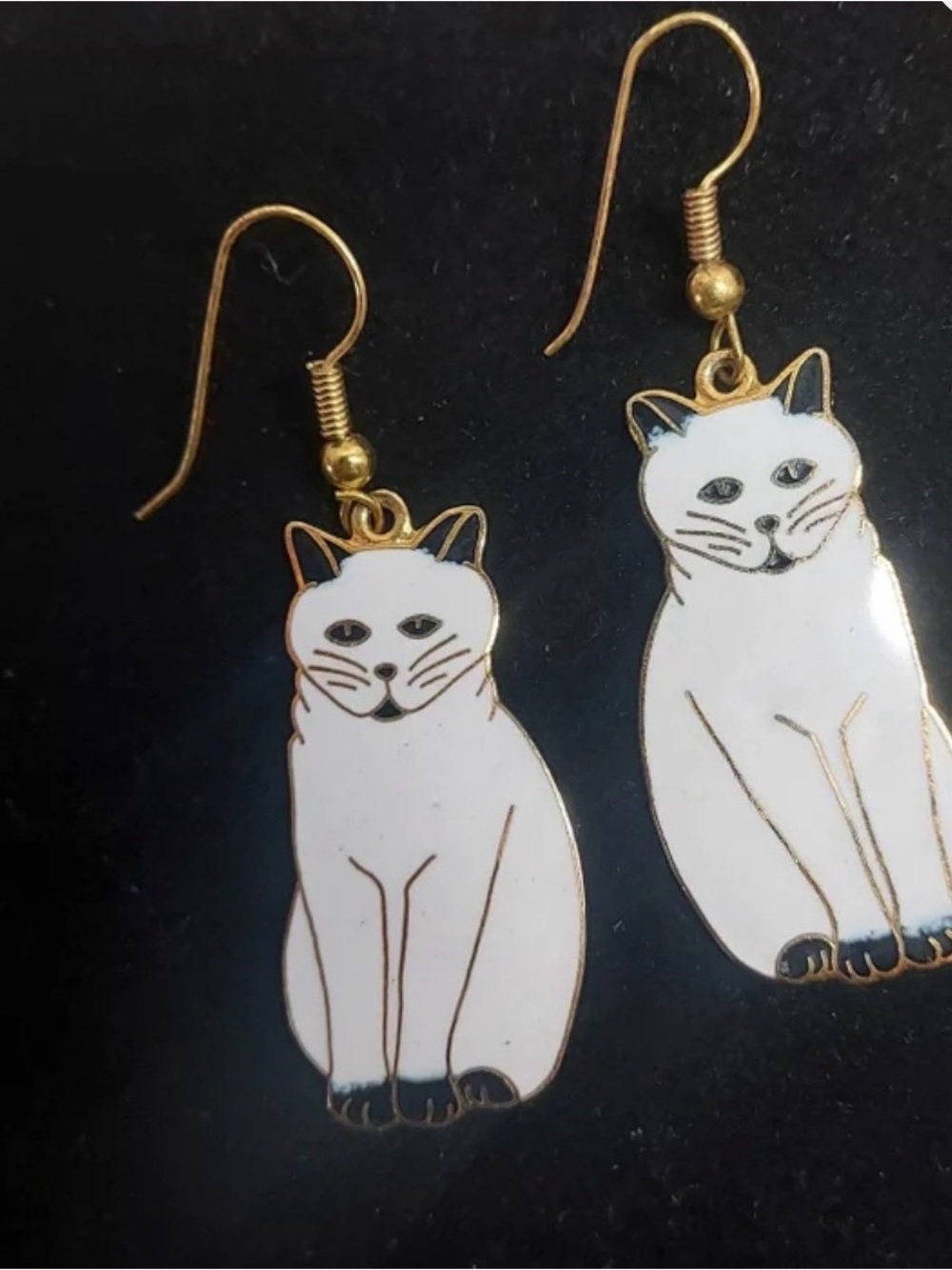 Cat cloisonné dangle wired earrings happy purring kitties